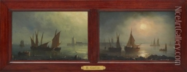 Kustscener Med Fartyg I Mansken (pair, Framed Together) Oil Painting - Henriette Gudin