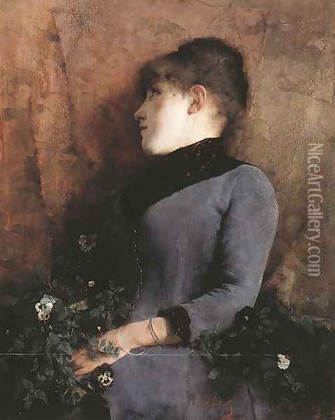 Reverie Portrait of a Woman 1886 Oil Painting - Simon Hollosy