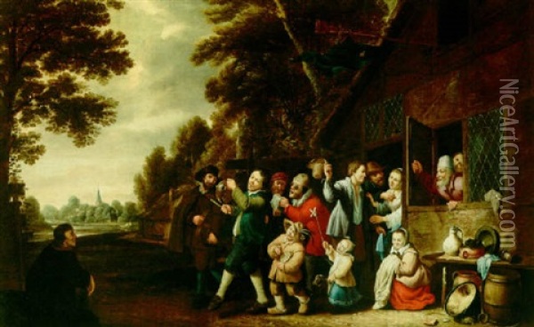 A Procession Of Peasants Leaving A Country Inn, Playing Musical Instruments And Singing Oil Painting - Pieter Nys