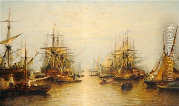 Naval Vessels, Barges, Fishing Boats And Other Shipping In A Harbor Oil Painting - Francis Moltino