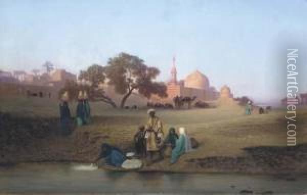 A Village Along The Nile Near Cairo Oil Painting - Charles Theodore Frere