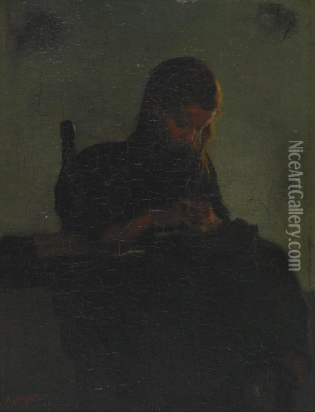 Girl Darning In An Interior Oil Painting - Arthur Briet
