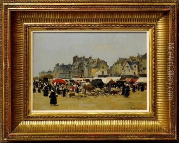 Market In A Provincial Town Oil Painting - Emile-Louis Foubert