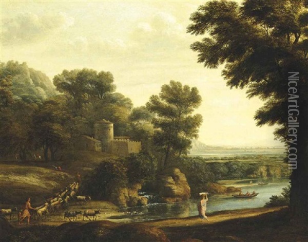 A Wooded River Landscape With Travellers, Shepherds And Their Flock On A Path, A Fortified City Beyond Oil Painting - Claude Lorrain