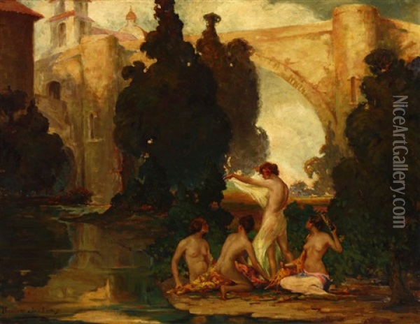 Nude Arcadian Women Dancing And Playing Music Oil Painting - Oscar Theodore Jackman