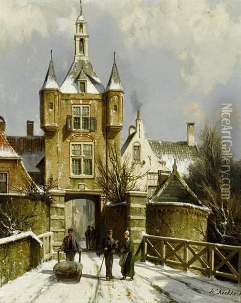 Figures In A Winter Townscape Oil Painting - Willem Koekkoek