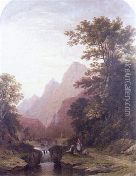 Figures In A River Valley Oil Painting - James Fahey