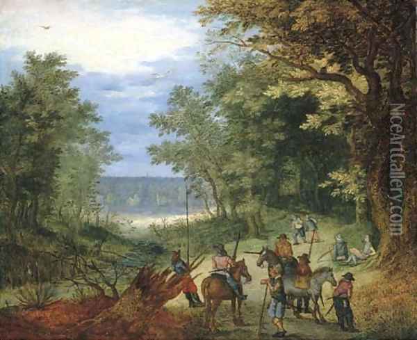 A wooded landscape with soldiers resting on a path by a stream Oil Painting - Jan The Elder Brueghel