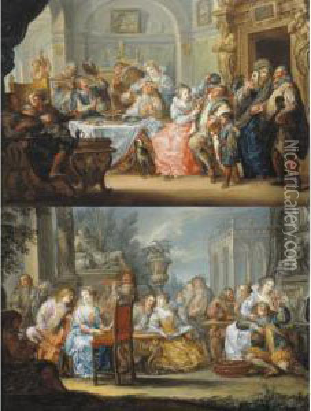Interior With Elegant Figures In
 Masquerade Costume Feasting; A Music Party In The Grounds Of An 
Italianate Villa Oil Painting - Johann Georg Platzer