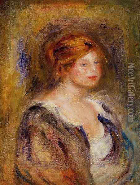Young Girl In Blue Aka Head Of A Blond Woman Oil Painting - Pierre Auguste Renoir
