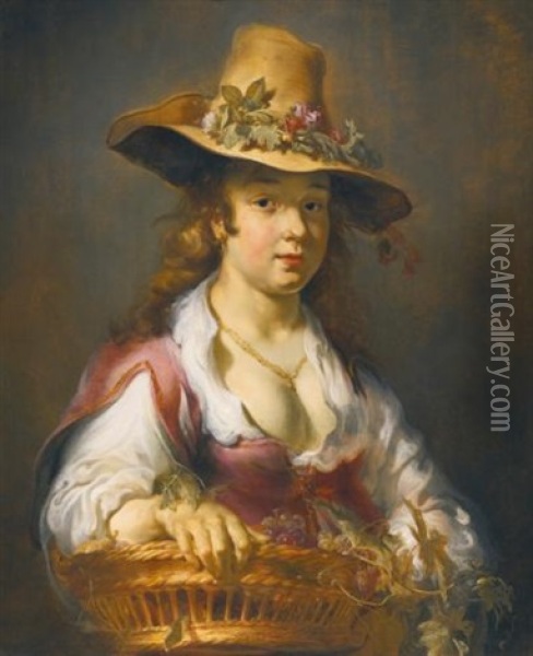 A Girl With A Basket Of Fruit Oil Painting - Jan van Noordt