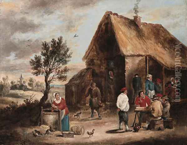 Peasants smoking and a Woman drawing Water from a Well outside a Tavern Oil Painting - David The Younger Teniers