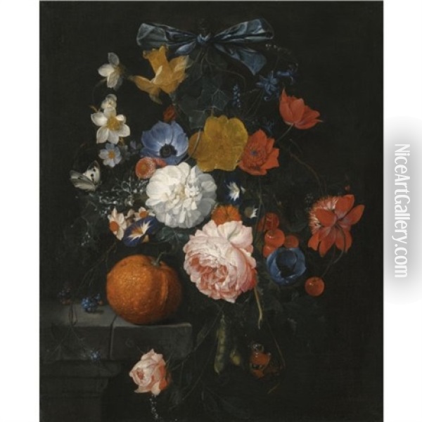 A Still Life With Roses, Daffodils, Bluebells And Other Flowers On A Stone Ledge With An Orange, Blackberries And Two Butterflies Oil Painting - Cornelis De Heem