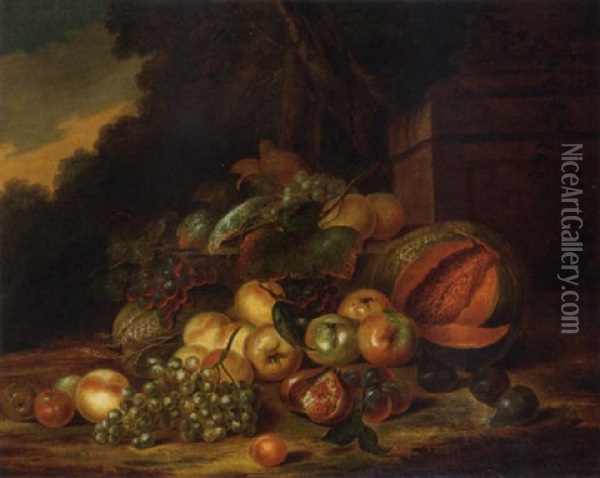 Pears, Apples, Melons, Grapes, Plums, Figs And Pomegranates By A Column In A Garden Oil Painting - Robert Van Der Myn