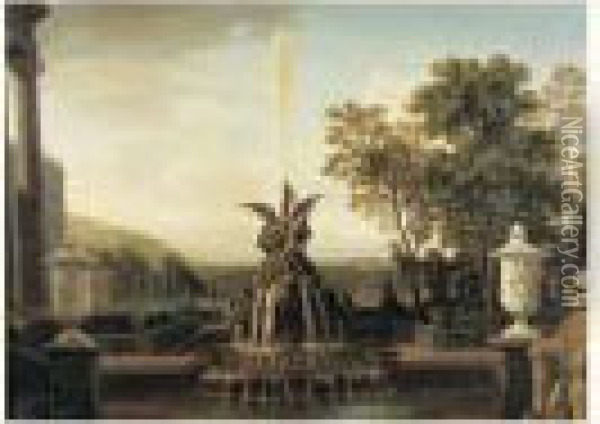 Vue De La Terrasse D'un Palais Classique Avec Une Fontaine Oil Painting - Isaac de Moucheron