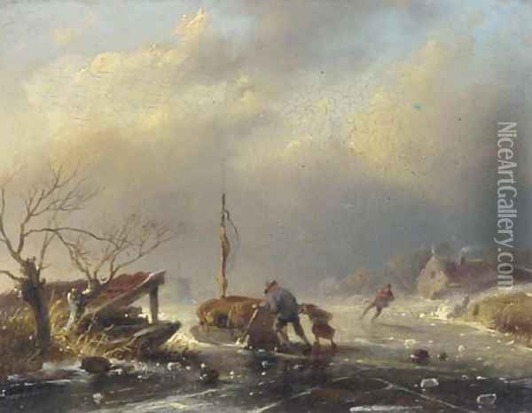 Peasants pushing a sledge on a frozen river Oil Painting - Jan David Geerling Grootveld
