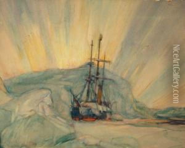 Ship Under The Aurora Borealis Oil Painting - Henrik Reuterdahl