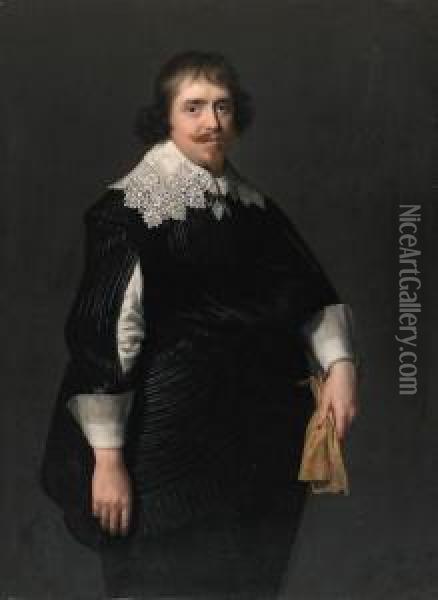 Portrait Of A Gentleman, 
Three-quarter-length, In A Black Doubletwith Slashed Sleeves, Black Hose
 And Sash, His Gloves In His Lefthand; And Portrait Of A Lady, 
Three-quarter-length, In Anembroidered Black Dress With Lace Cuffs And 
Ruff, Wearing A  Oil Painting - Paulus Moreelse