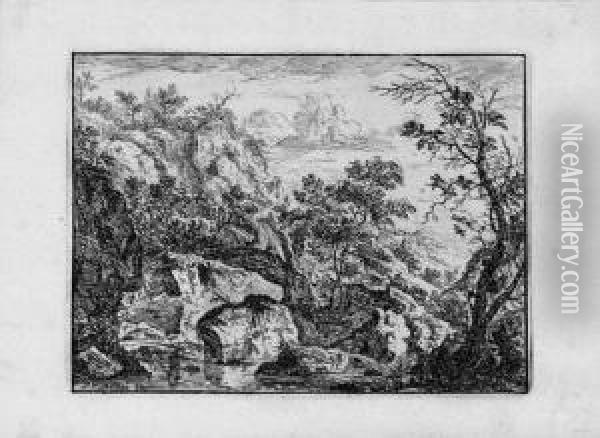 Landschaft Mit Fusganger Bei Einem Reiter; Landschaft Mit Wasserfall Oil Painting - Peter Von Bemmel