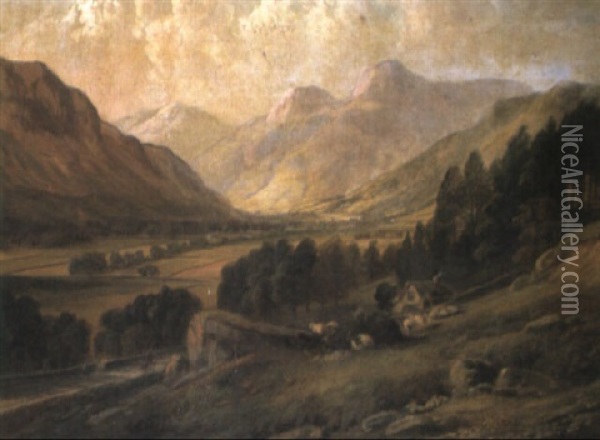 Evening, Looking North: Scene In Great Langdale Oil Painting - William Frederick Mitchell