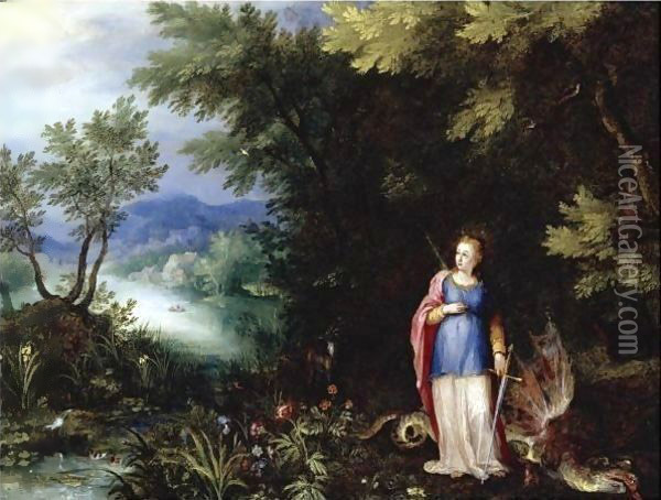 Saint Margaret And The Dragon In An Extensive River Landscape Oil Painting - Jan The Elder Brueghel