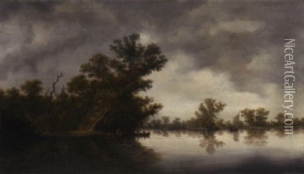 A Wooded River Landscape With Fishermen In Boats Oil Painting - Salomon van Ruysdael