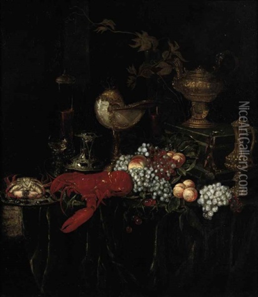 A Lobster, A Crab On An Enameled Plate, Peaches, Grapes, Glasses Of Wine And Gilded Vessels On A Draped Table Oil Painting - Abraham van Beyeren