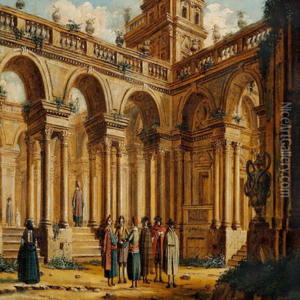 Elegant People In Front Of An Old Palace Oil Painting - Jacopo Fabris Venice