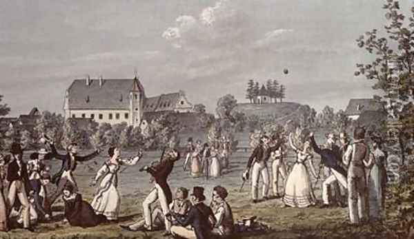 Ball Games at Atzenbrugg with Franz Schubert 1797-1828 and friends seated in the foreground Oil Painting - Leopold Kupelwieser