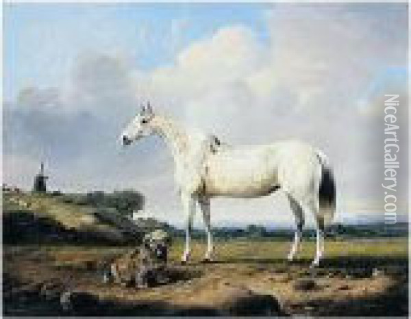 A Grey Hunter With Terrier In A Landscape Oil Painting - Charles Towne