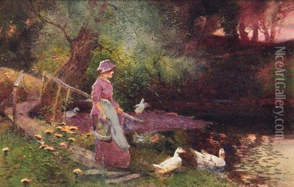 A Young Girl Beside A Duck Pond; And A Young Girl In A Flowerfield Oil Painting - Thomas Mackay