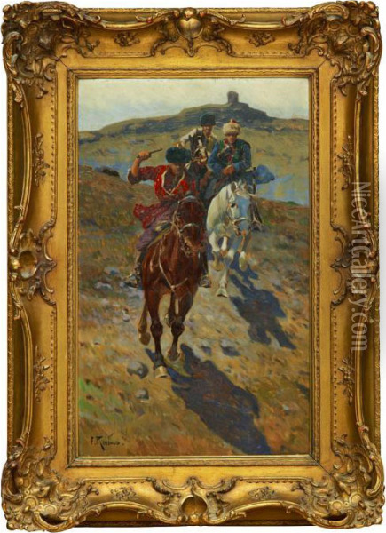 Circassian Horsemen At Full Gallop Oil Painting - Franz Roubaud