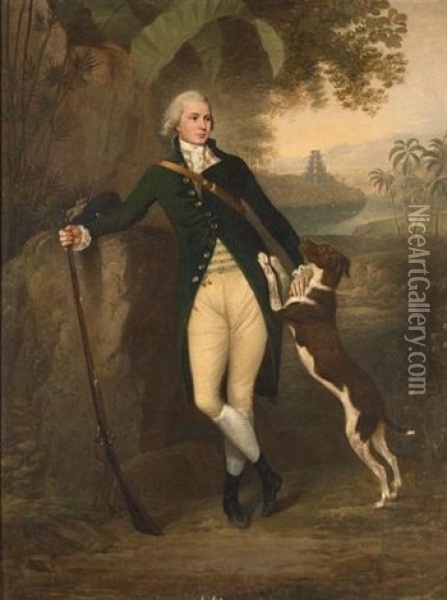 Portrait Of A Gentleman, Standing Small-full-length, In A Green Coat With Cream Breeches His Hand Resting On A Rifle, A Spaniel At His Side, A View To A Gopuram Of A Southern Indian Temple Beyond Oil Painting - Arthur William Devis