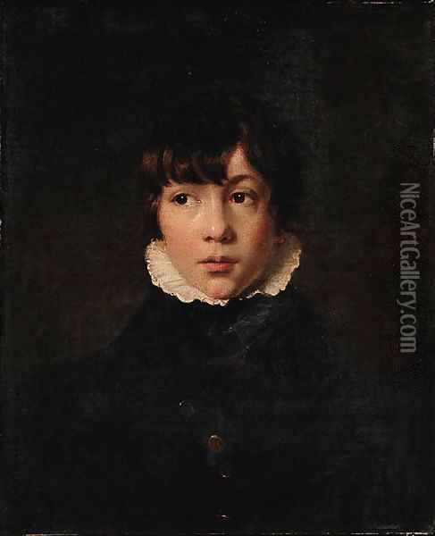 Portrait of a Boy, bust length, wearing a black jacket and a white collar Oil Painting - English School