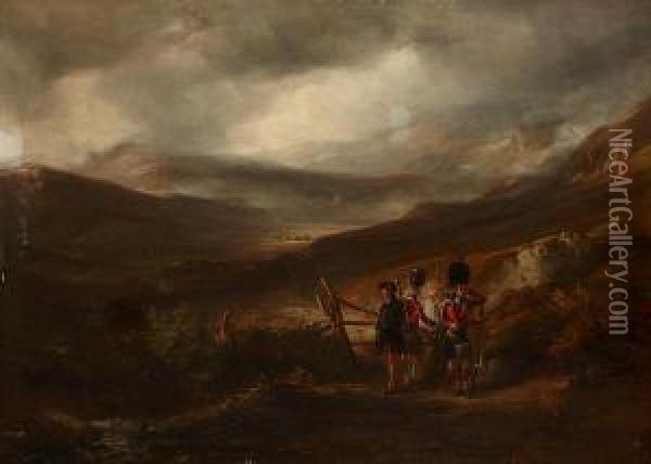 Soldiers Before An Extensive Highlandlandscape Oil Painting - Kenneth Macleay