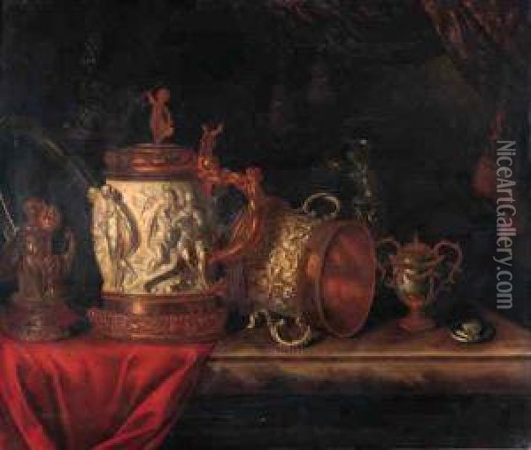 A Pronk Still Life With A Gilt 
Dish, A Gilt Cup And Cover, A Bronzesculpture Of A Seated Putto, An 
Ormulo Mounted Carved Ivorytankard, A Silver Gilt Ewer And A Medal On A 
Marble Ledge By Acurtain Oil Painting - Pieter Gerritsz. van Roestraten