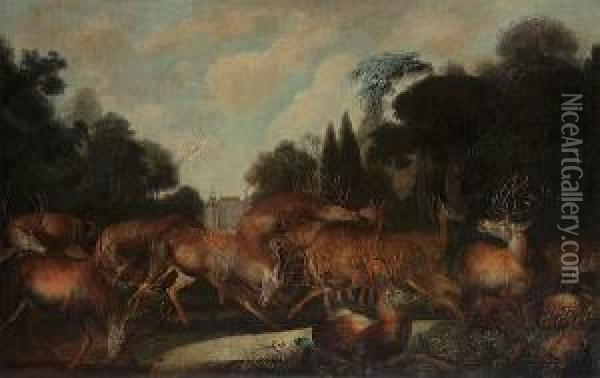 A Wooded Landscape With Stags And Hinds By A Stream, A 
 In The Distance Oil Painting - Carl Borromaus Andreas Ruthart