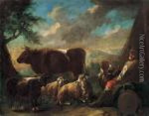 Shepherd In Italian Landscape Oil Painting - Philipp Peter Roos