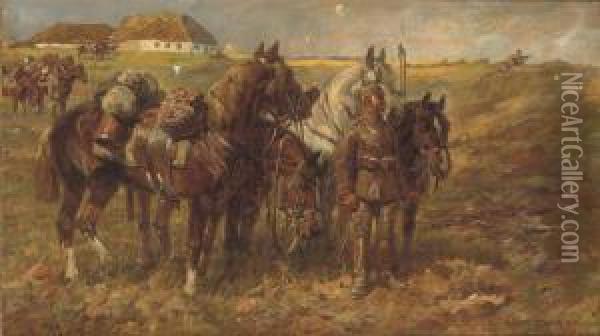 Cavalry At Rest Oil Painting - Anton Hoffmann