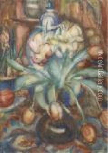 A Still Life With Tulips And Daffodils In A Vase Oil Painting - Leo Gestel