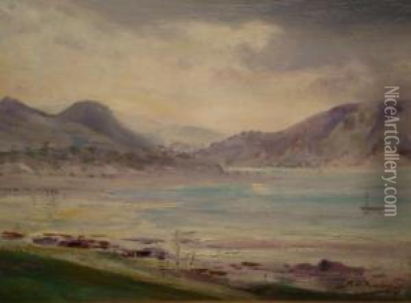 The View Of The Estuary With The Vale Of Ffestiniogg Beyond, Snowdonia, North Wales Oil Painting - Robert Fowler