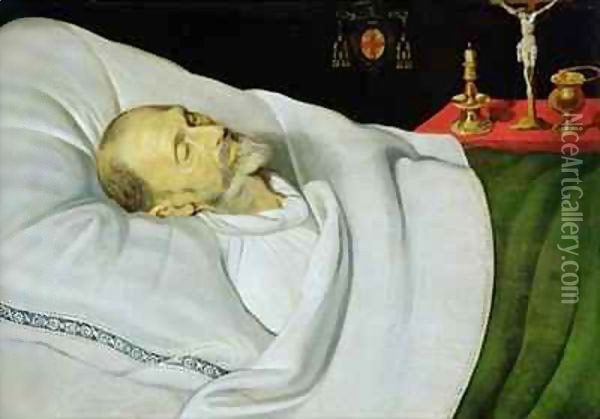 Antoine de Henin, Bishop of Ypres, on his death bed Oil Painting - Jean the Younger Bellegambe