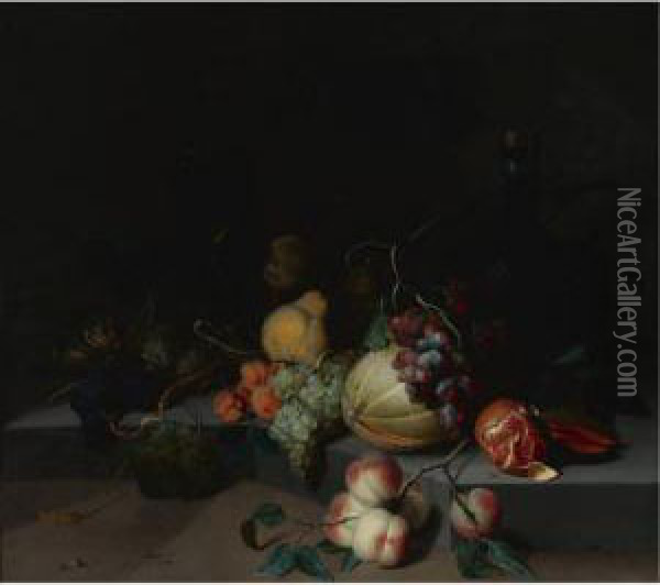 Grapes, Pears, A Melon And A Pomegranate On A Stone Ledge, With A Oil Painting - Jacob van Walscapelle