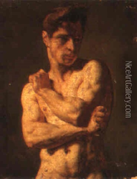 An Academy Study, Standing Half-length, His Arms Crossed Oil Painting - Eugene Delacroix