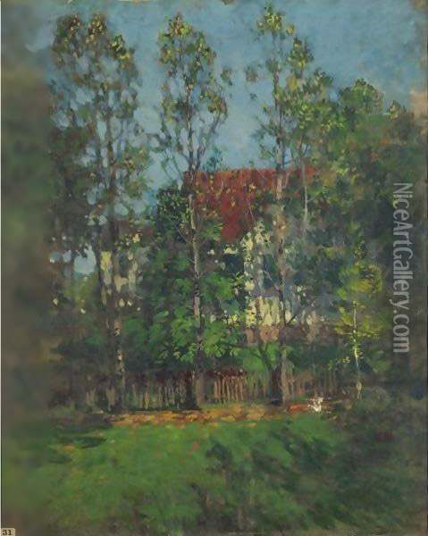 A Red Roof In The Trees Oil Painting - Paul Cornoyer
