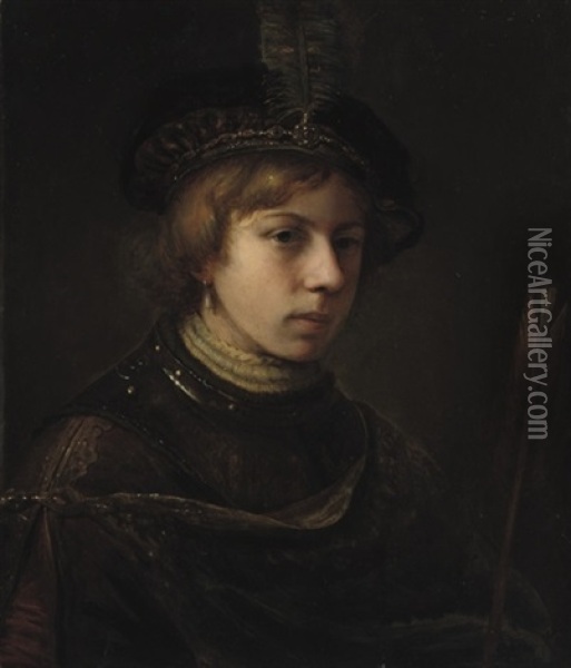 A Tronie Of A Boy Wearing A Breastplate And A Feathered Cap, Holding An Arrow Oil Painting - Samuel Van Hoogstraten