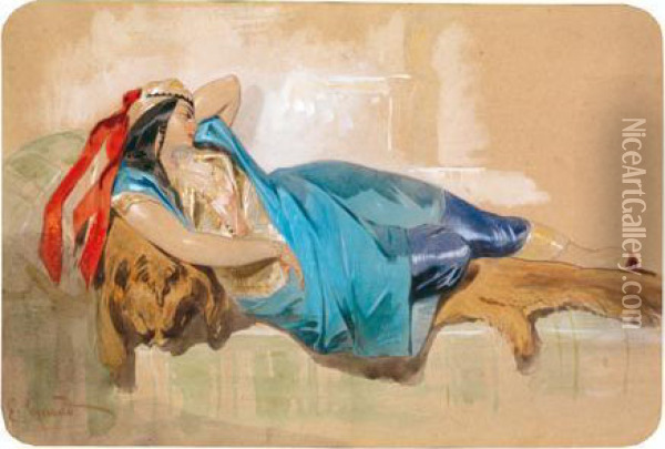 Odalisque A La Robe Bleue Oil Painting - Eugene Pierre Francois Giraud