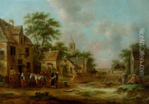 Travellers Halting Outside An Inn In A Village Street Oil Painting - Nicolaes Molenaer