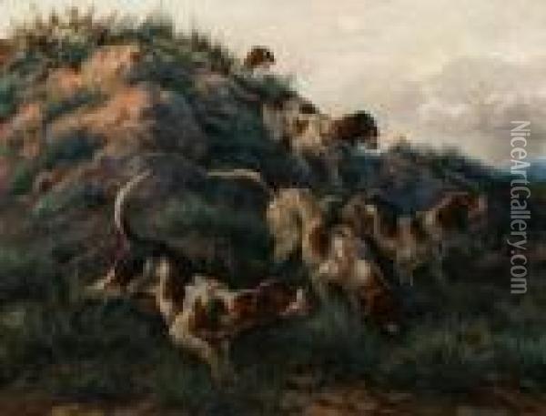 Dogs Hunting Prey, Identified With Old Label On Reverse Oil Painting - Edmund Henry Osthaus