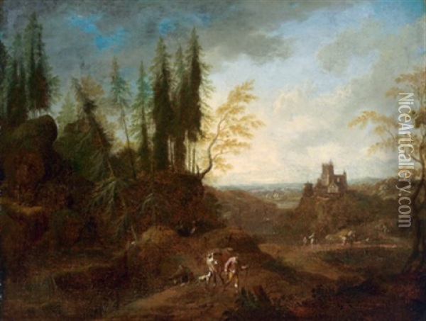 Bewaldete Landschaft Mit Einem Kastell Und Hirten Oil Painting - Johann Alexander Thiele